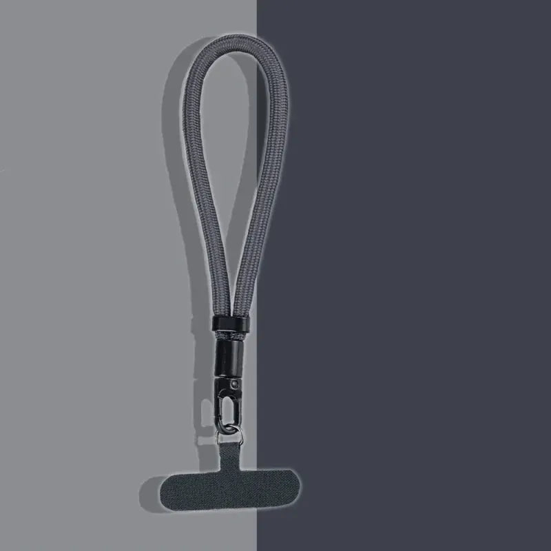 Gray braided nylon phone lanyard with adjustable loop and metal clip