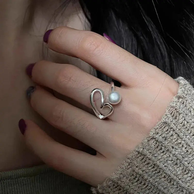 925 Sterling Silver Love Heart Ring With Hanadama Pearl For Women Gift Jewelry Birthday