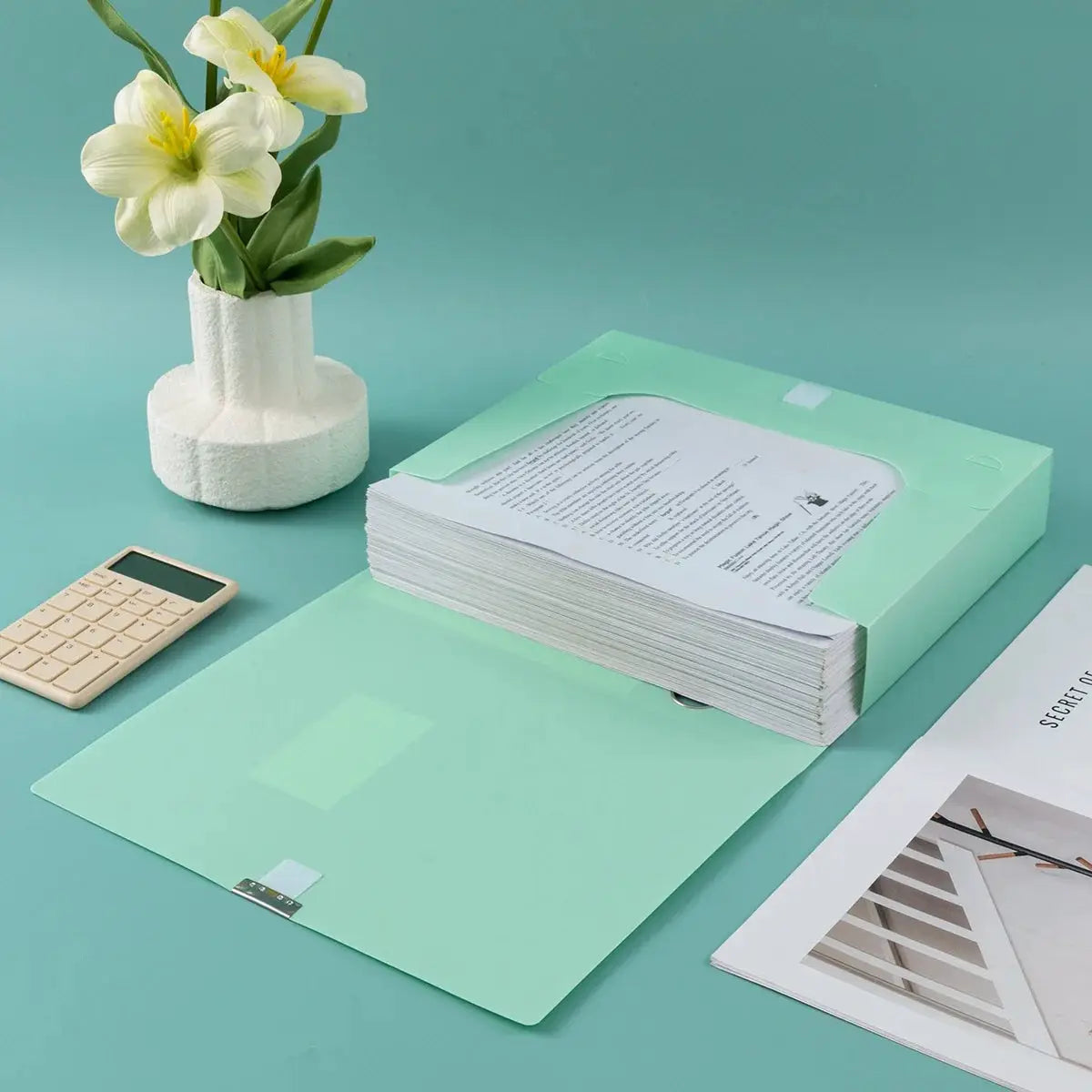 Large-capacity foldable plastic file box by Simples Market in mint green with thickened A4 file stack for office use