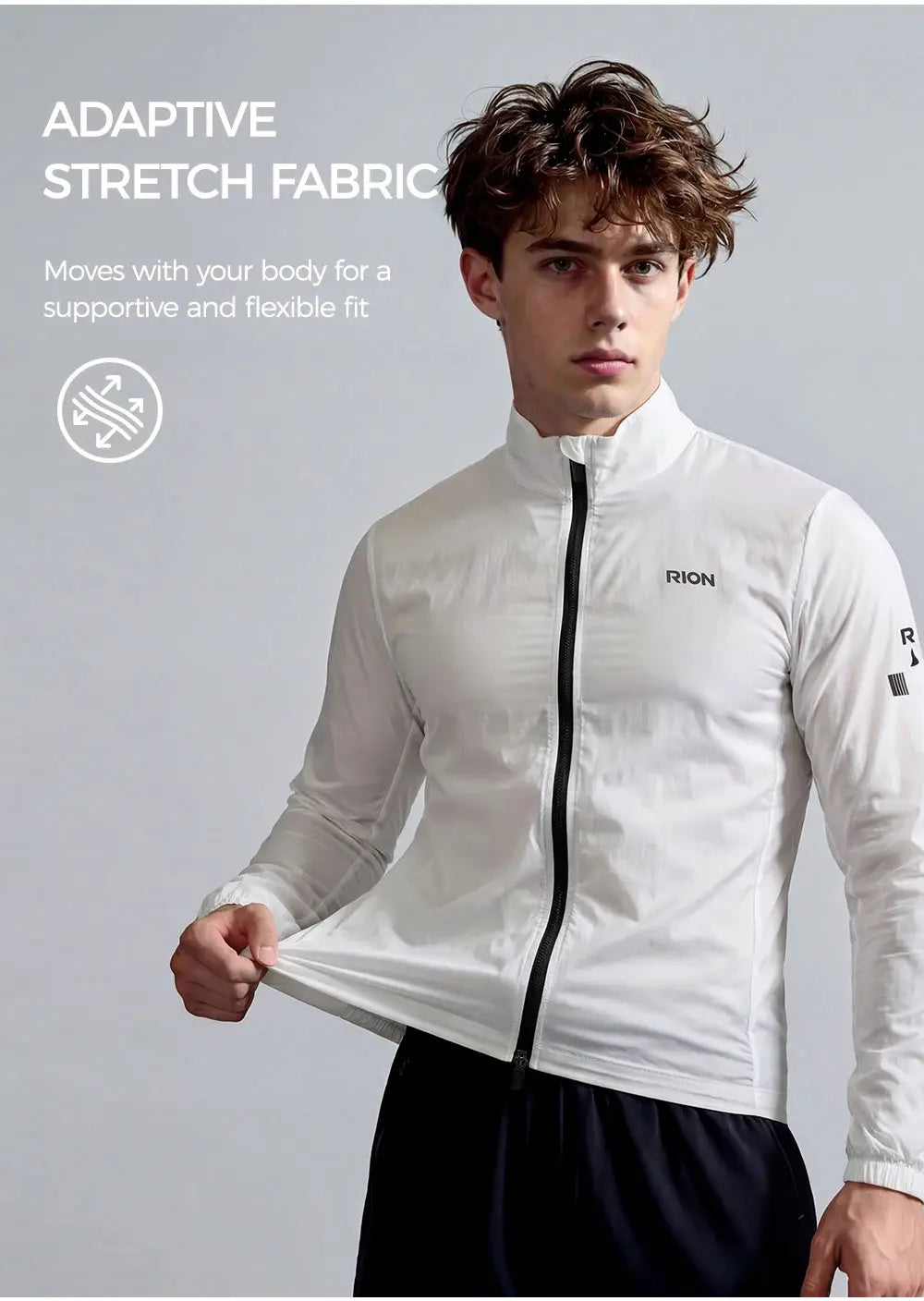 RION men's white windbreaker jacket with black full-length zipper, lightweight packable outerwear.
