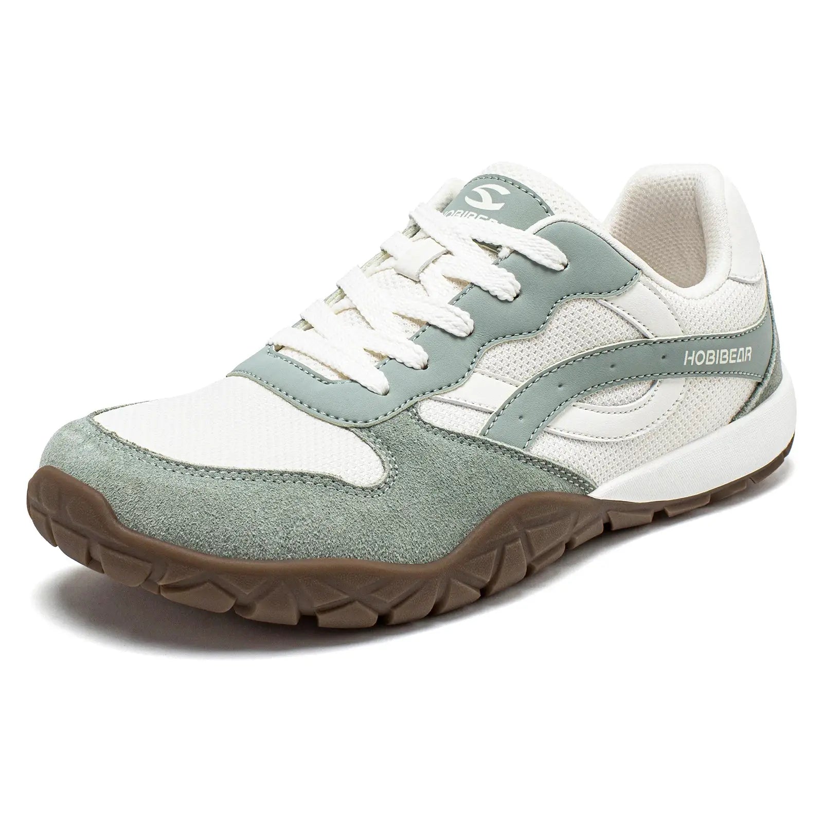 HOBIBEAR unisex wide-width minimalist sneakers in white and sage-green mesh with brown outsole