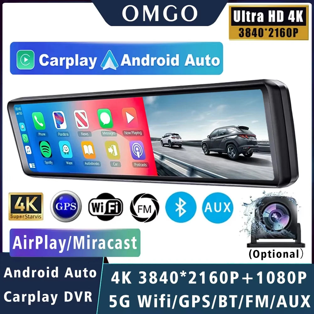 11.26 Inch 4K Car DVR With CarPlay Android Auto Dash Cam GPS WiFi