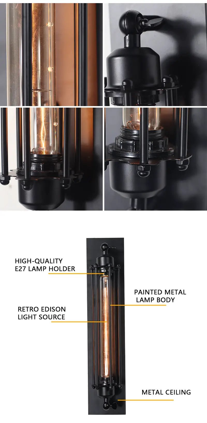 Retro industrial iron wall light with Edison-style tube, black metal finish, Simples Market