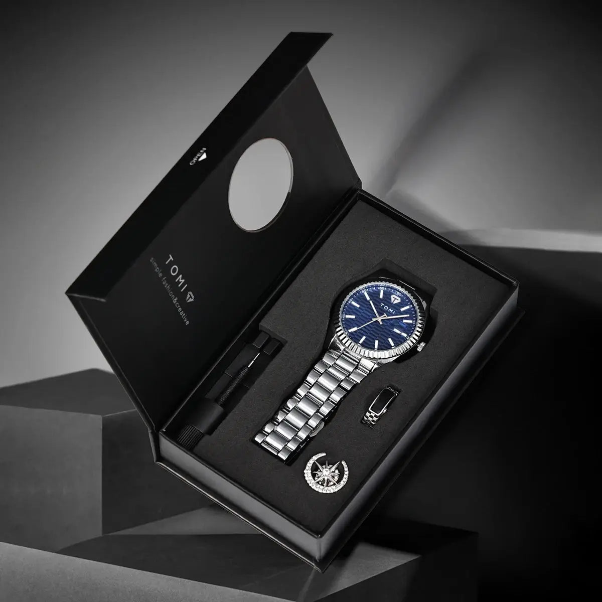 TOMI men's watch gift box set with stainless steel bracelet and blue dial; includes brooch and ring