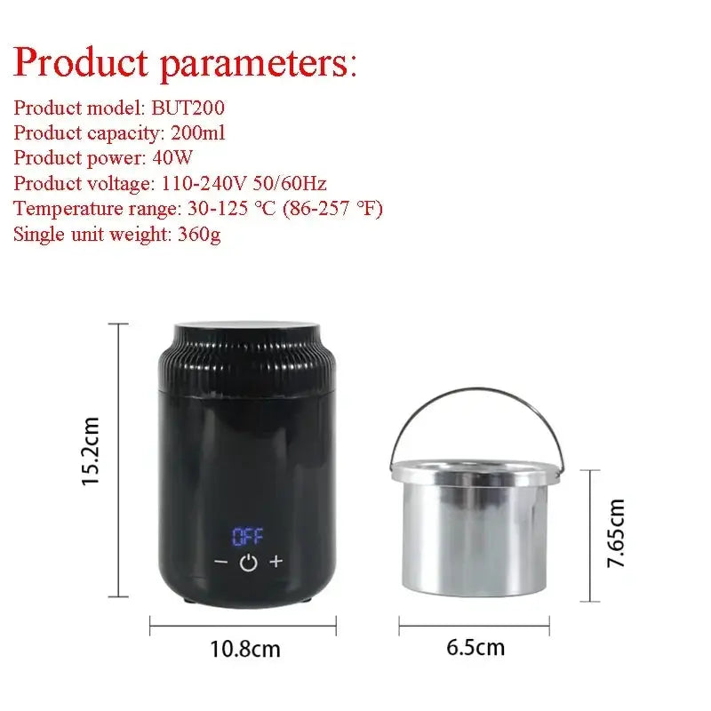 Wax heater and metal waxing pot two-piece set; black touch-control, 40W melting kit, 200ml capacity