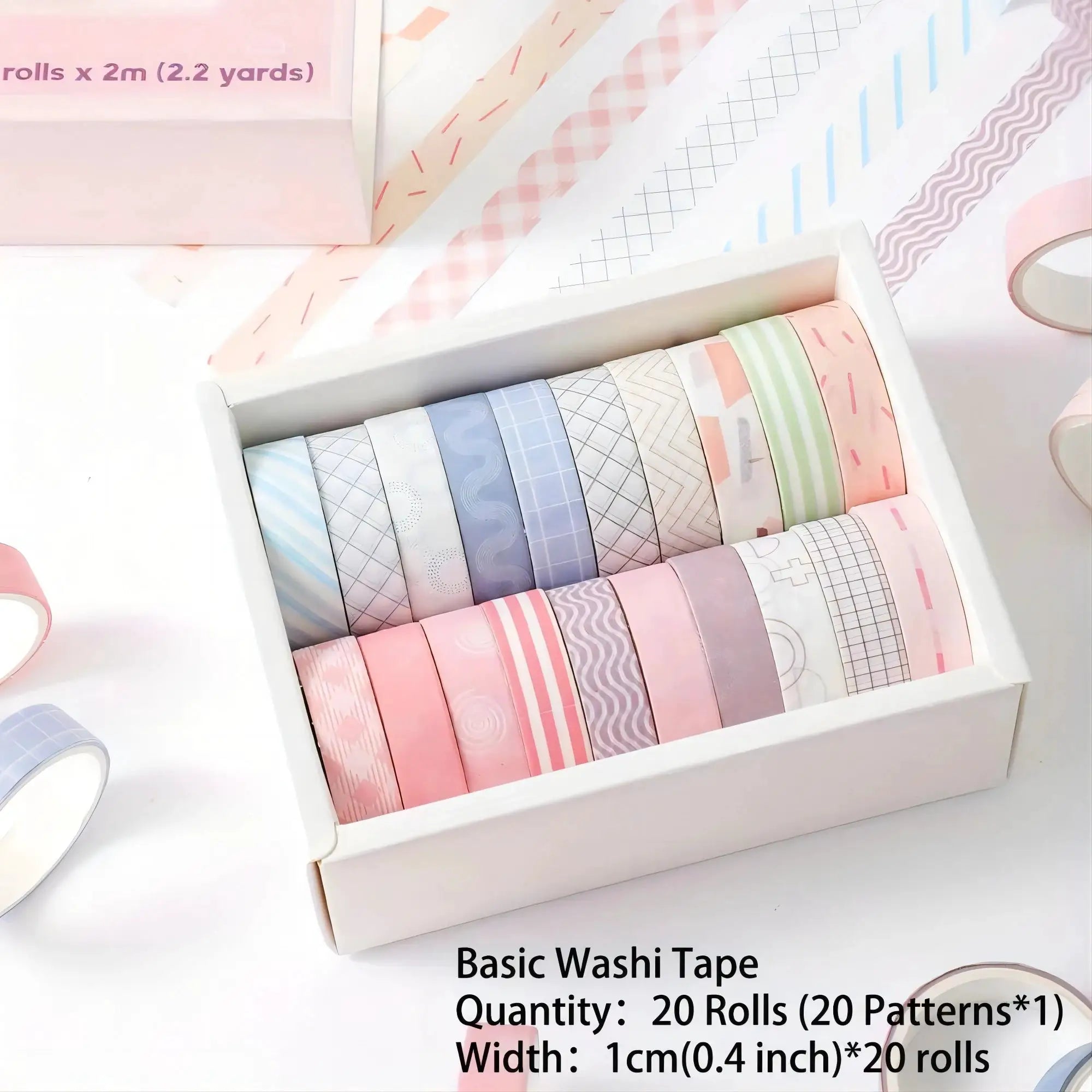 20 Rolls Colorful Slim Washi Tape Set by Simples Market, 10mm wide x 2m long, pastel patterned tapes for journaling.