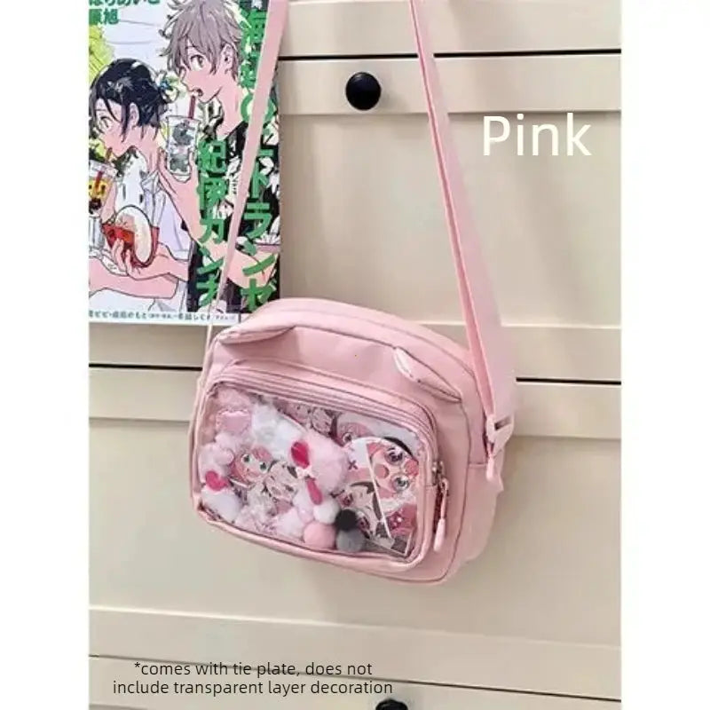 Pink ita bag with transparent front pocket and crossbody strap; Simples Market