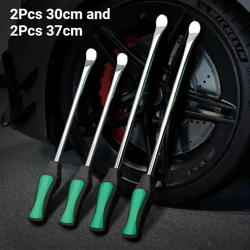 Simples Market tire lever set, 4 steel levers with green and black grips, for car and motorcycle wheel removal.