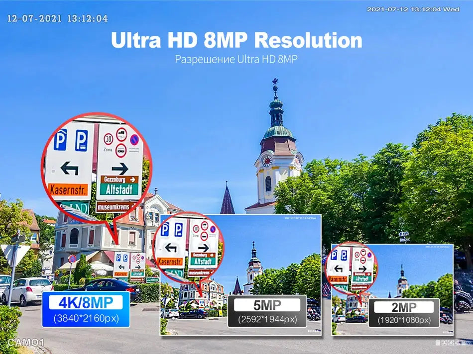 Techage outdoor IP security camera banner showcasing 4K/8MP, 5MP and 2MP image insets over a sunny town square.