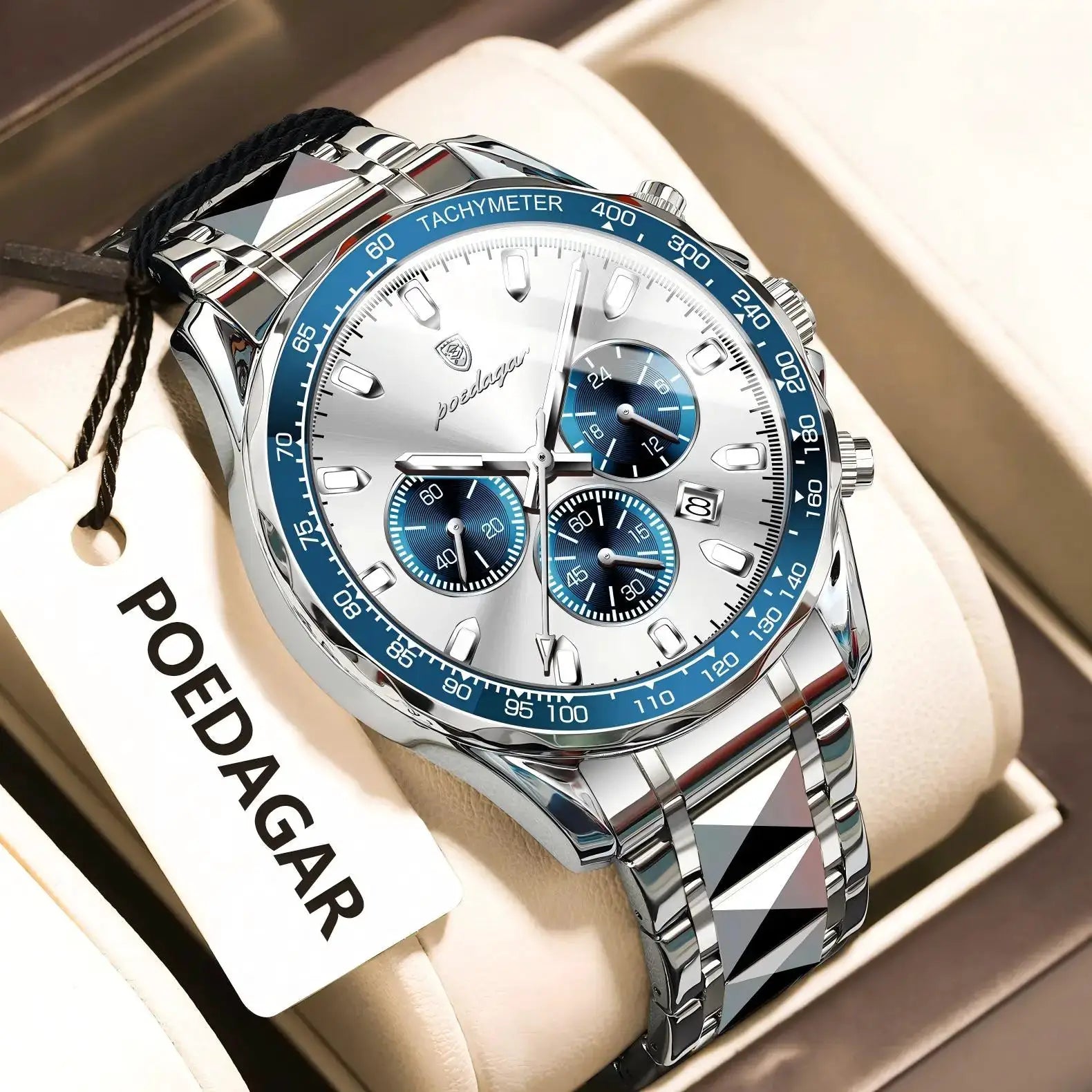 POEDAGAR men's luxury stainless steel chronograph watch with blue tachymeter bezel and date window