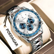 POEDAGAR men's luxury stainless steel chronograph watch with blue tachymeter bezel and date window