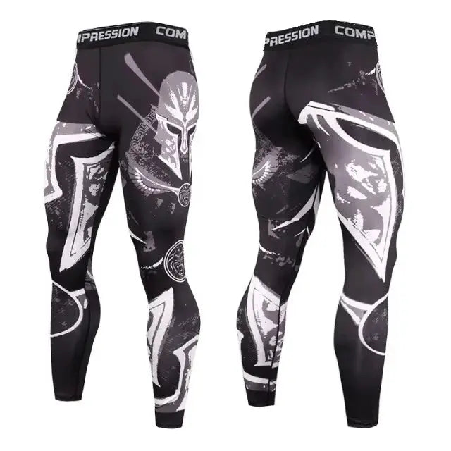 Pair of men's compression pants in black with gray abstract print and a compression waistband.