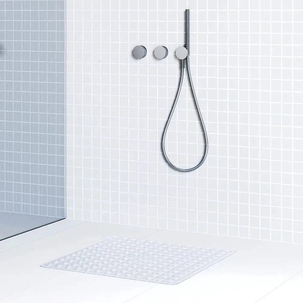 Shower mat 53x53 cm, clear PVC with suction cups for anti-slip bathroom safety.
