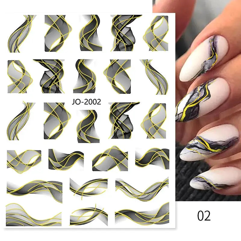Nail art decals sheet with gray and black geometric stripes accented by yellow lines Simples Market