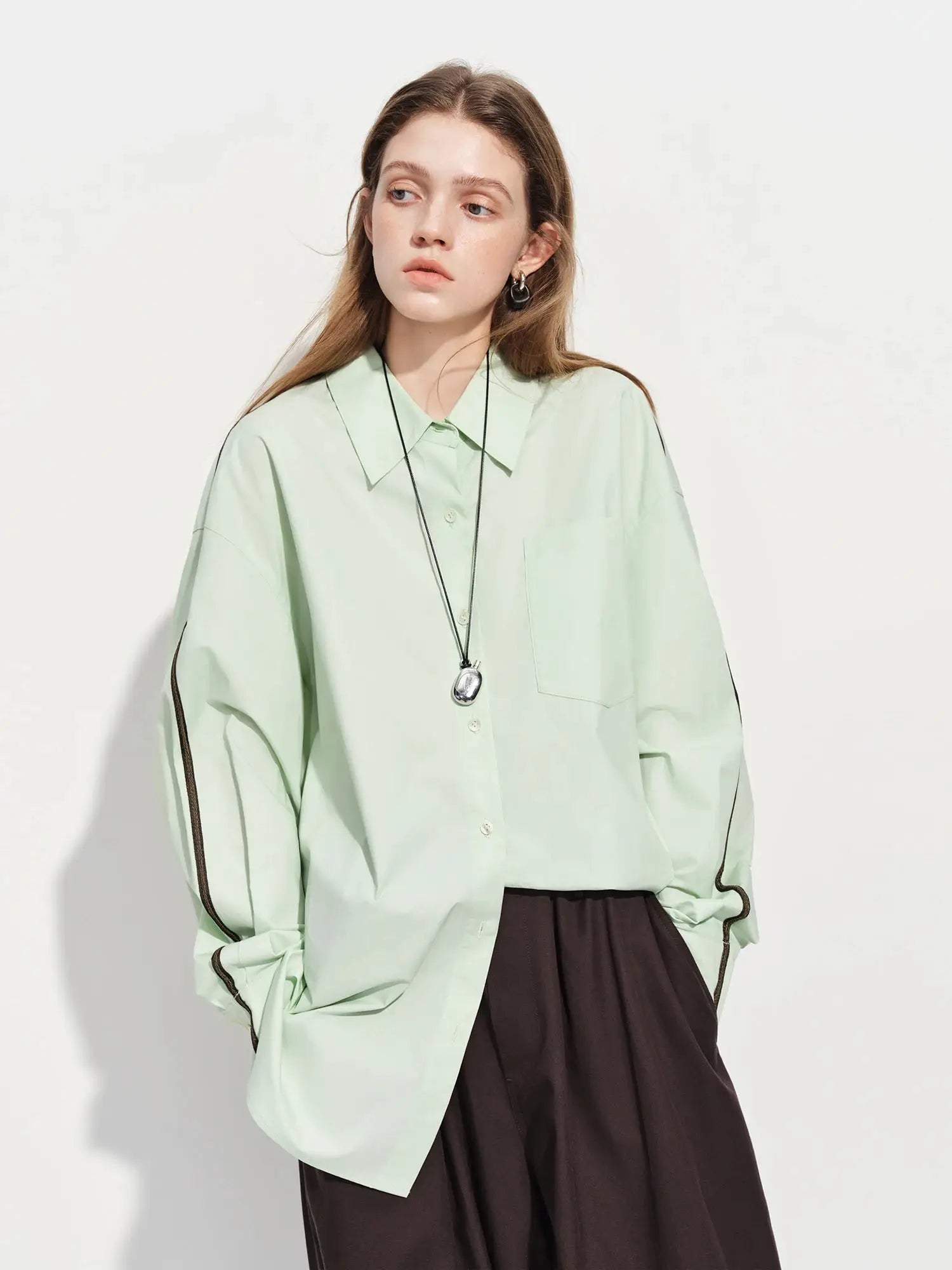 FSLE Premium Series women's cotton shirt, pastel mint oversized long-sleeve layering top
