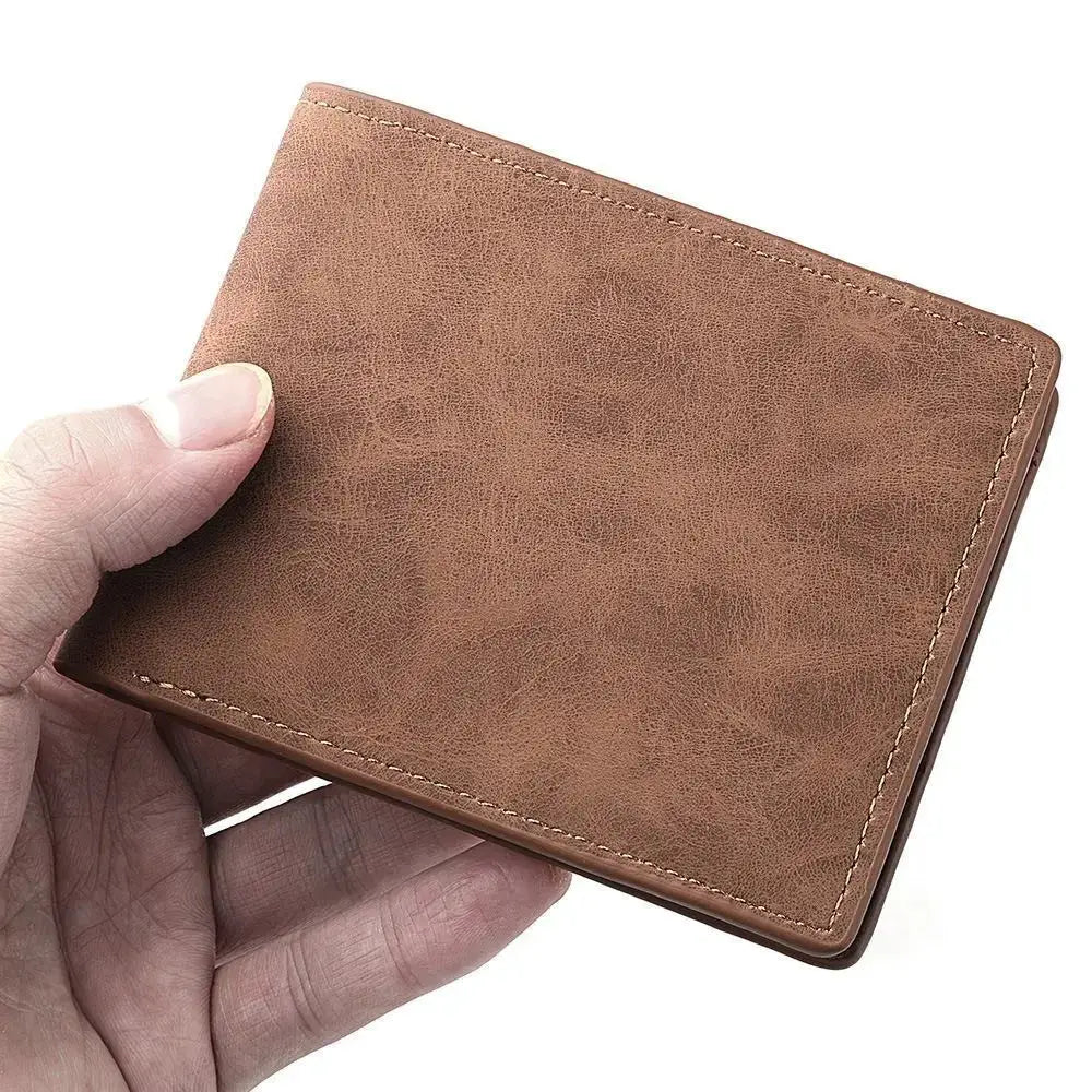 Men's brown PU leather bifold wallet with multi-card slots, held in hand