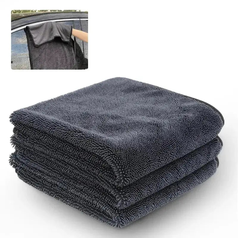 Microfiber car towels by Simples Market, ultra-thick dark gray drying cloths, three-piece set (40×60/60×90 cm), stacked