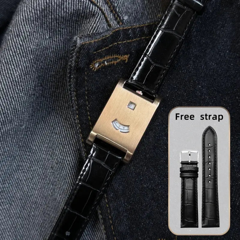CILOA men square tank watch by Simples Market; gold-tone case with black leather strap, free extra strap