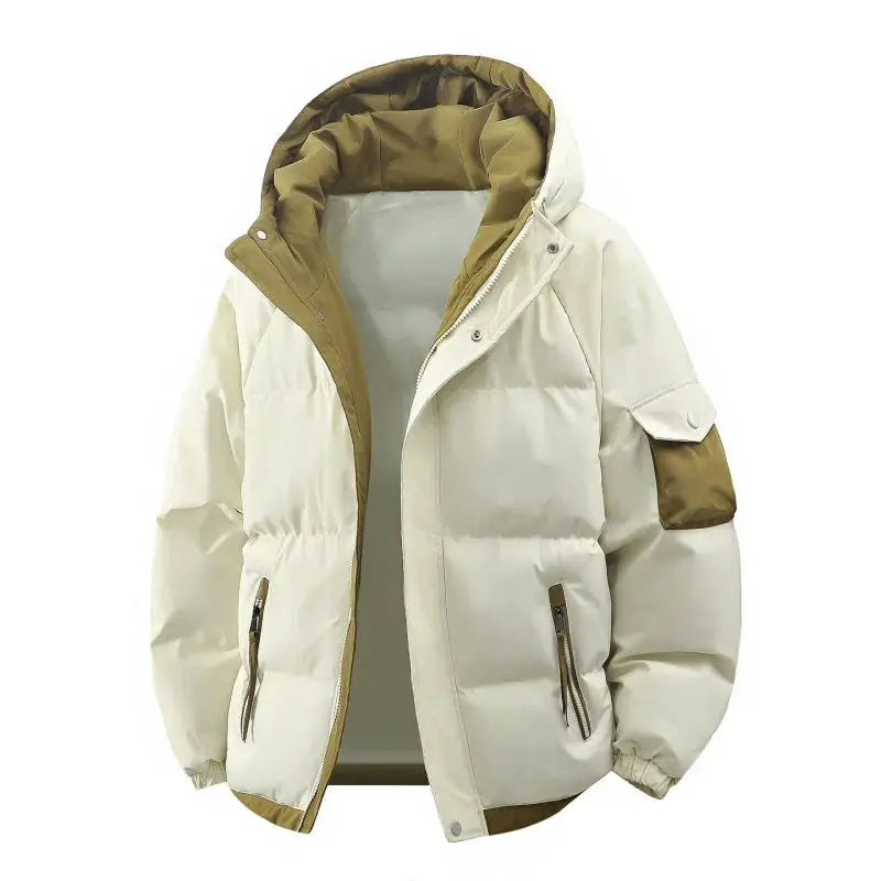 Men's hooded down jacket by Simples Market, beige with brown lining and zip pockets