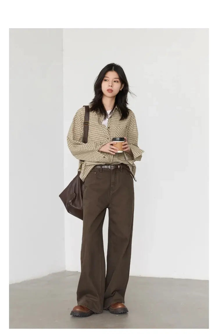 CHIC VEN women shirt loose casual single-breasted beige plaid blouse with brown wide-leg trousers and brown shoulder bag
