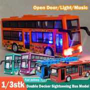 Double Decker Sightseeing Bus Model Die Cast Pull Back Toy Open Doors with Light Music for Boys