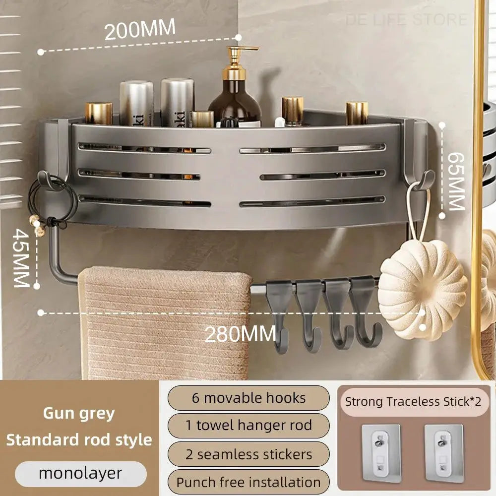 Gun-grey bathroom corner shelf with plastic hook towel bar, 6 movable hooks, no-drill space aluminum rack