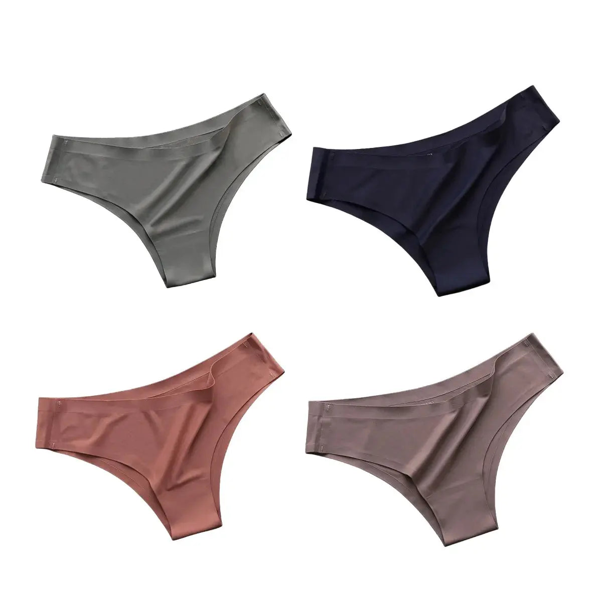 4-pack seamless Brazilian panties in gray, navy, dusty rose, and taupe; ice-silk ultra-thin fabric