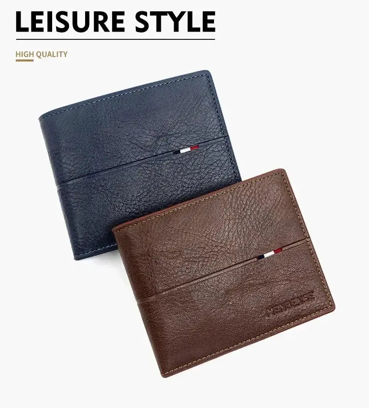 Two men's PU leather bifold wallets by Simples Market, blue and brown, with coin pocket.