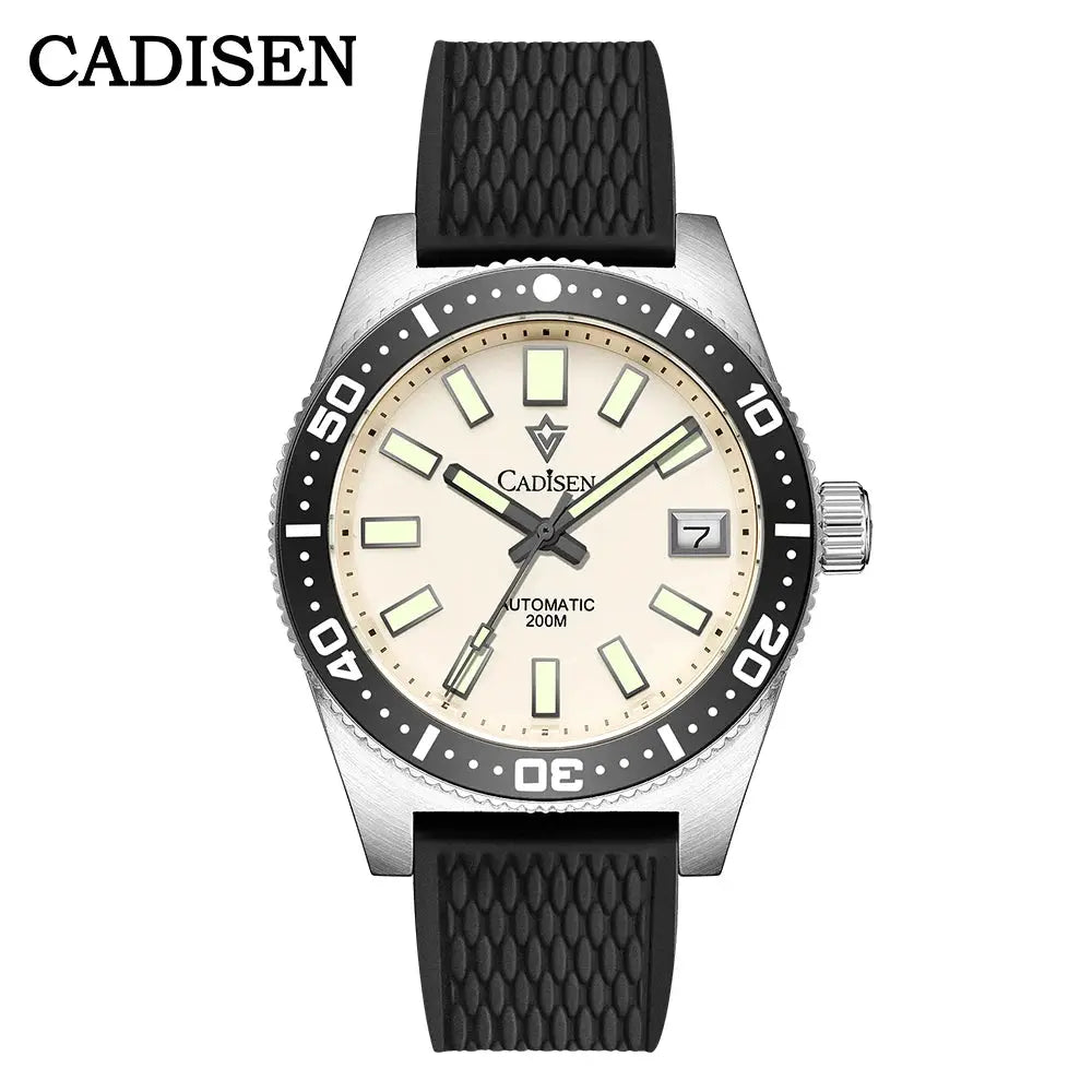 CADISEN men's automatic diver watch with beige dial, black bezel, luminous markers, date window, black rubber strap.
