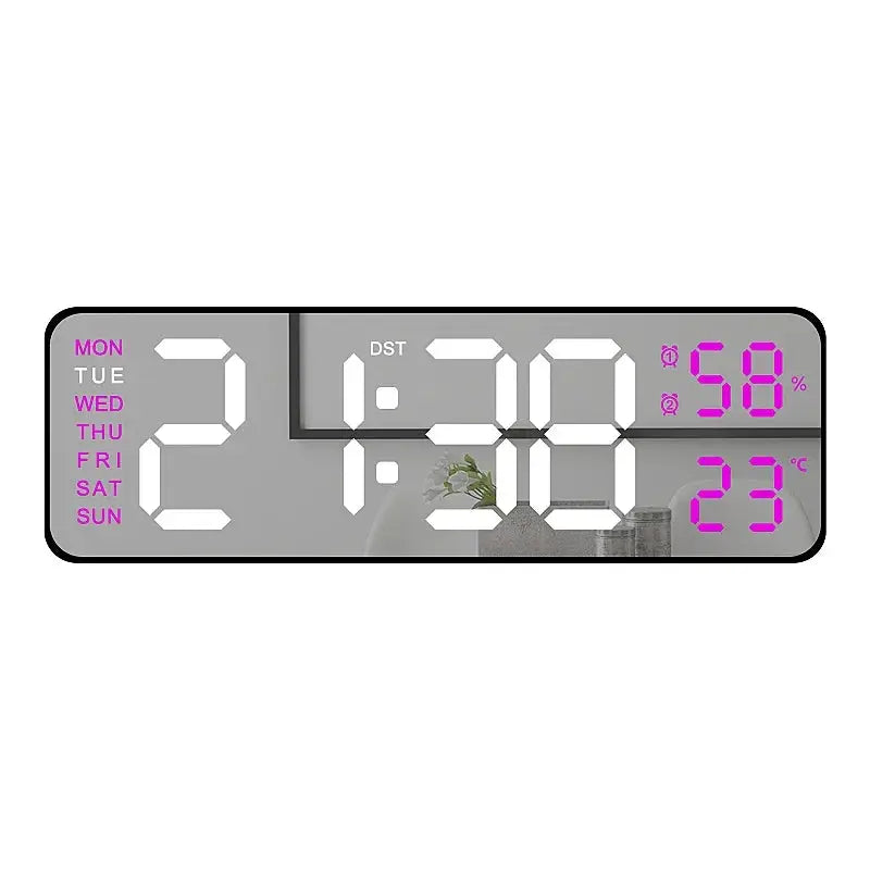 9-inch digital wall clock by Simples Market with USB power, displays time, weekday, humidity and temperature in pink LED digits