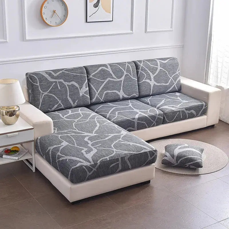 1pc elastic gray seat cushion cover with white abstract pattern for sofa; stretchable and washable slipcover