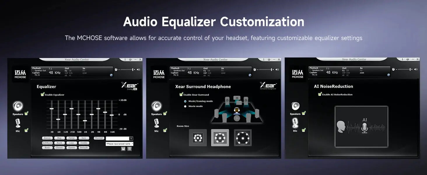 MCHOSE V9 Pro wireless gaming headset software UI with three Xear audio customization screens