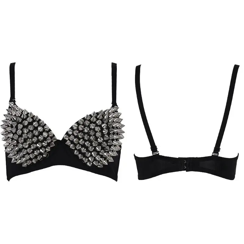 Bra top with metallic spike studs on black cups, adjustable straps, back hook closure.