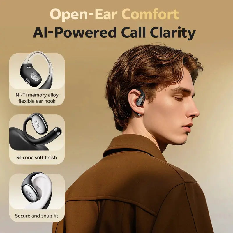 QCY Crossky R70 open-ear wireless headphones with earhooks, black silicone finish, secure fit