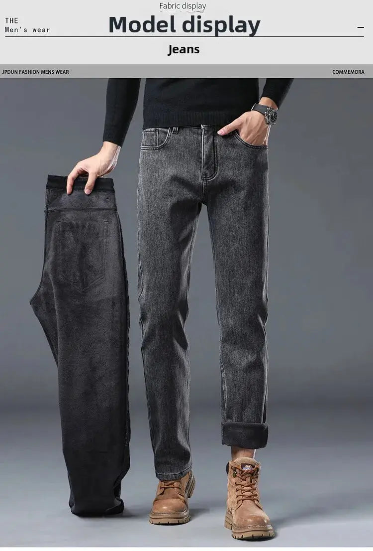 Winter Warm Jeans for men, slim straight dark gray denim; two pairs shown (one worn, one folded)
