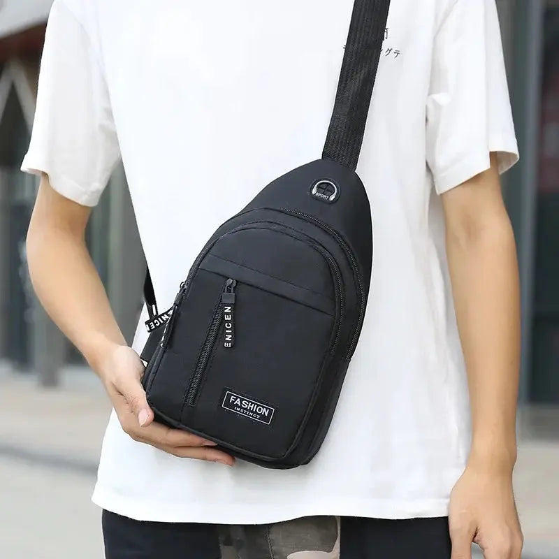 Simples Market black chest bag, multifunctional Oxford cloth crossbody with front zip pockets, waterproof, Korean style.