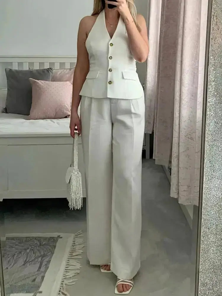 HH Women Pant Suit Set Halter Vest Blazer Top Zipper Pants Office Lady