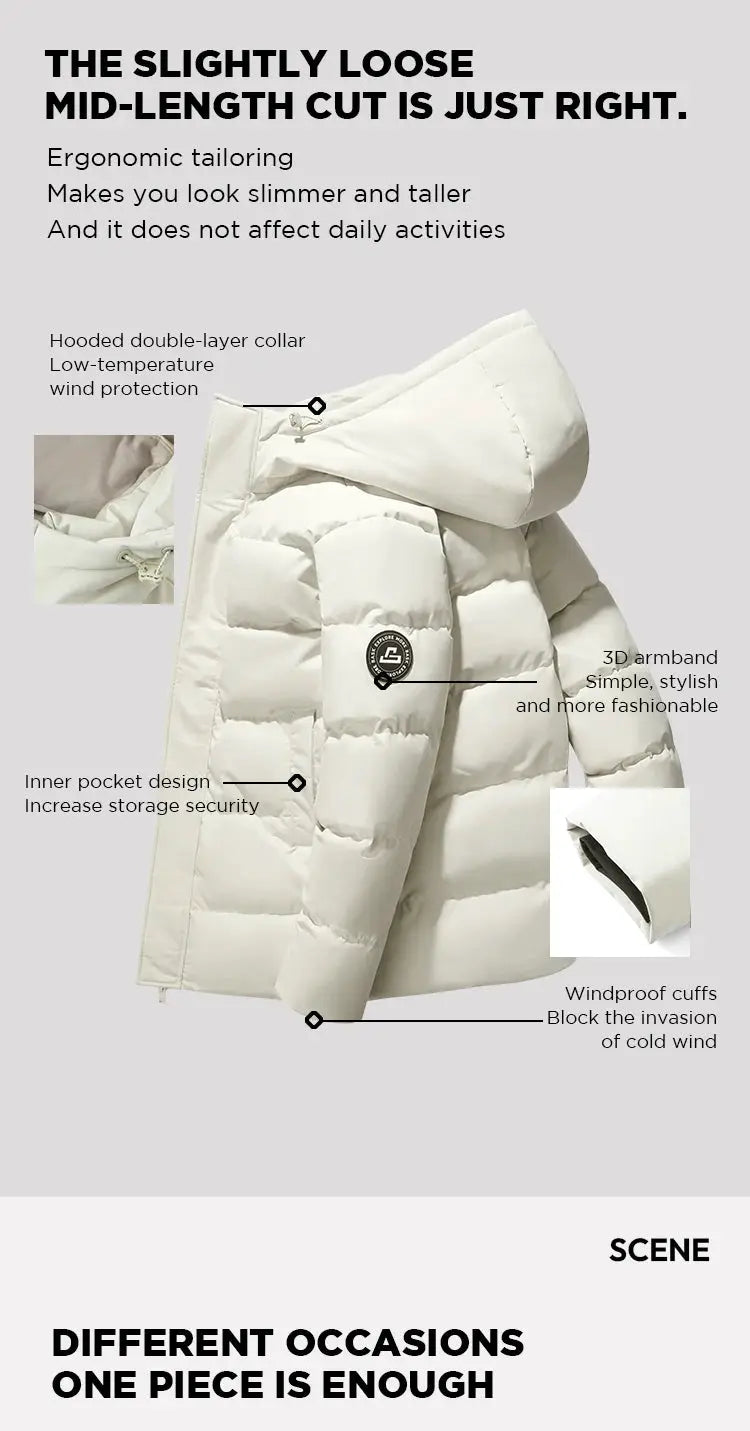 Semir down jacket for men, white quilted mid-length puffer with hood, windproof cuffs by Simples Market