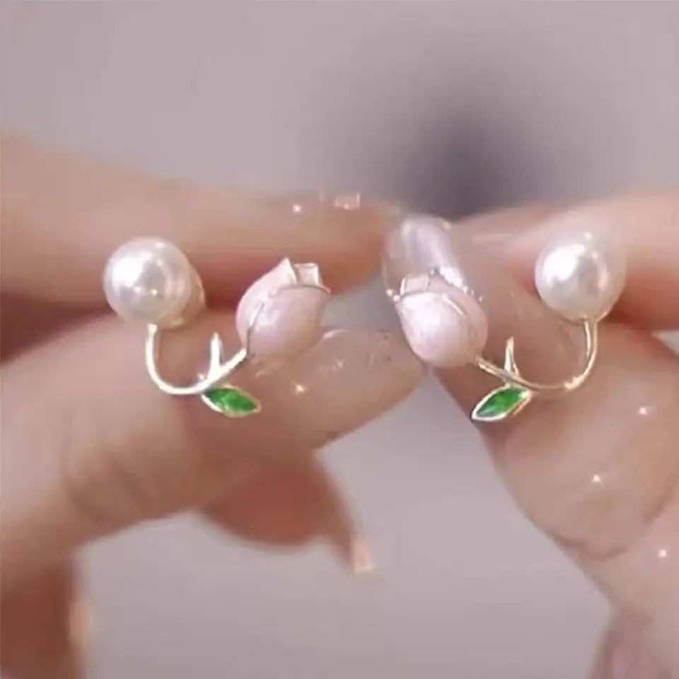ZAKOL Fresh Rose Stud Earrings With Imitation Pearl Sweet Pink Tulip For Women Trendy Jewelry
