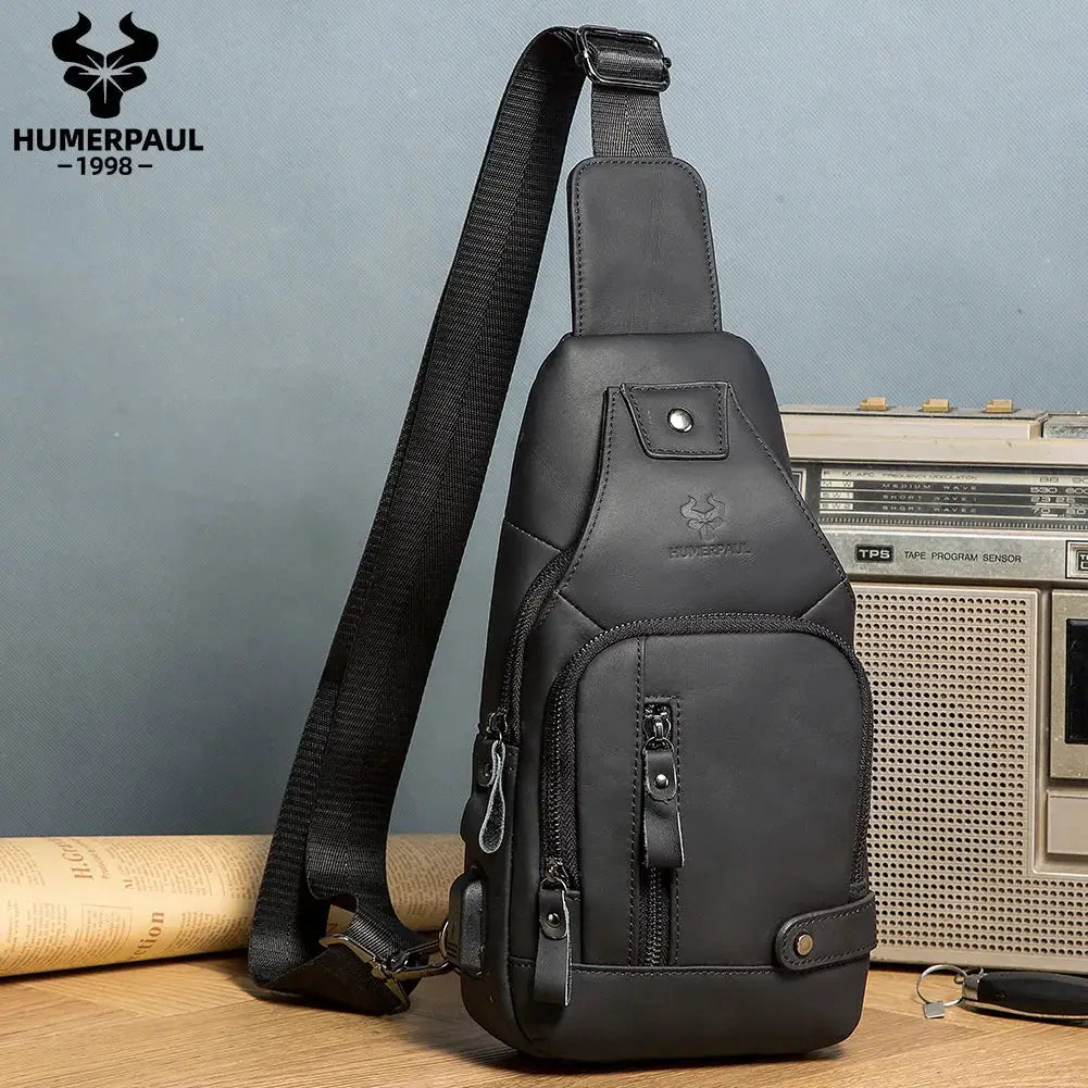 HUMERPAUL USB Chest Bag in black genuine leather with multiple zipper pockets