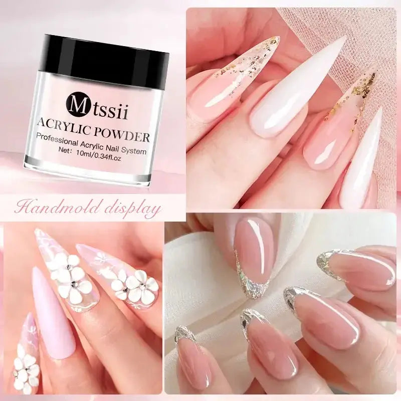 MTSSII acrylic powder nail system; jar of powder with pink nude nails featuring white tips and floral accents
