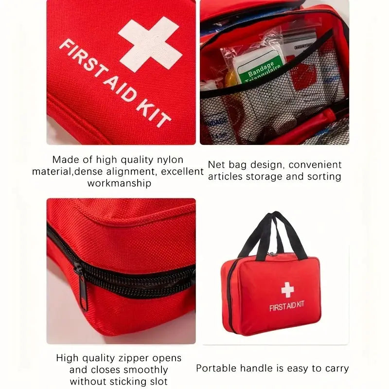 260pcs Deluxe First Aid Kit red nylon case with black handles and zippered compartments.