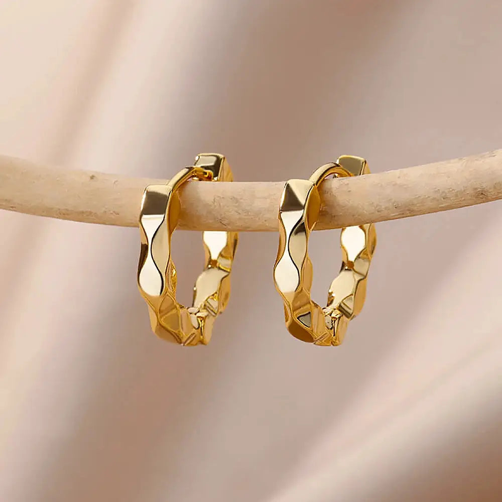 Hoop earrings, gold-tone stainless steel, textured wavy hoops, set of 2.