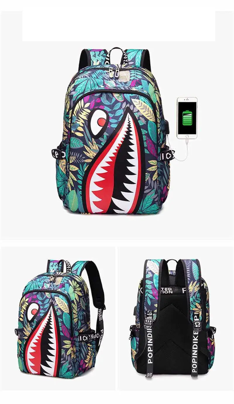 Backpack Simples Market school backpack with colorful tropical leaves and cartoon shark print