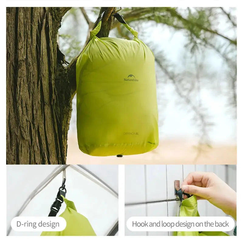Naturehike rolled storage bag in lime green, waterproof outdoor organizer with D-ring and hook-and-loop back