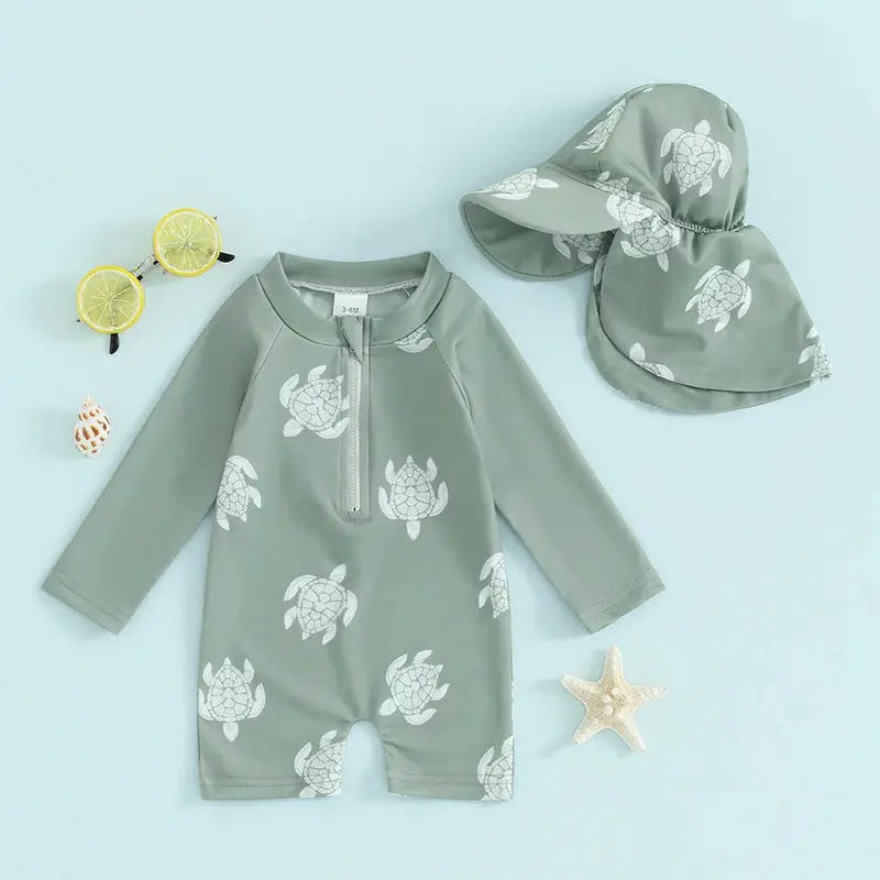 Tregren Toddler Boys Rash Guard Swimsuit Long Sleeve Turtle And Dinosaur Print Bathing Suit With Swim Caps Beachwear