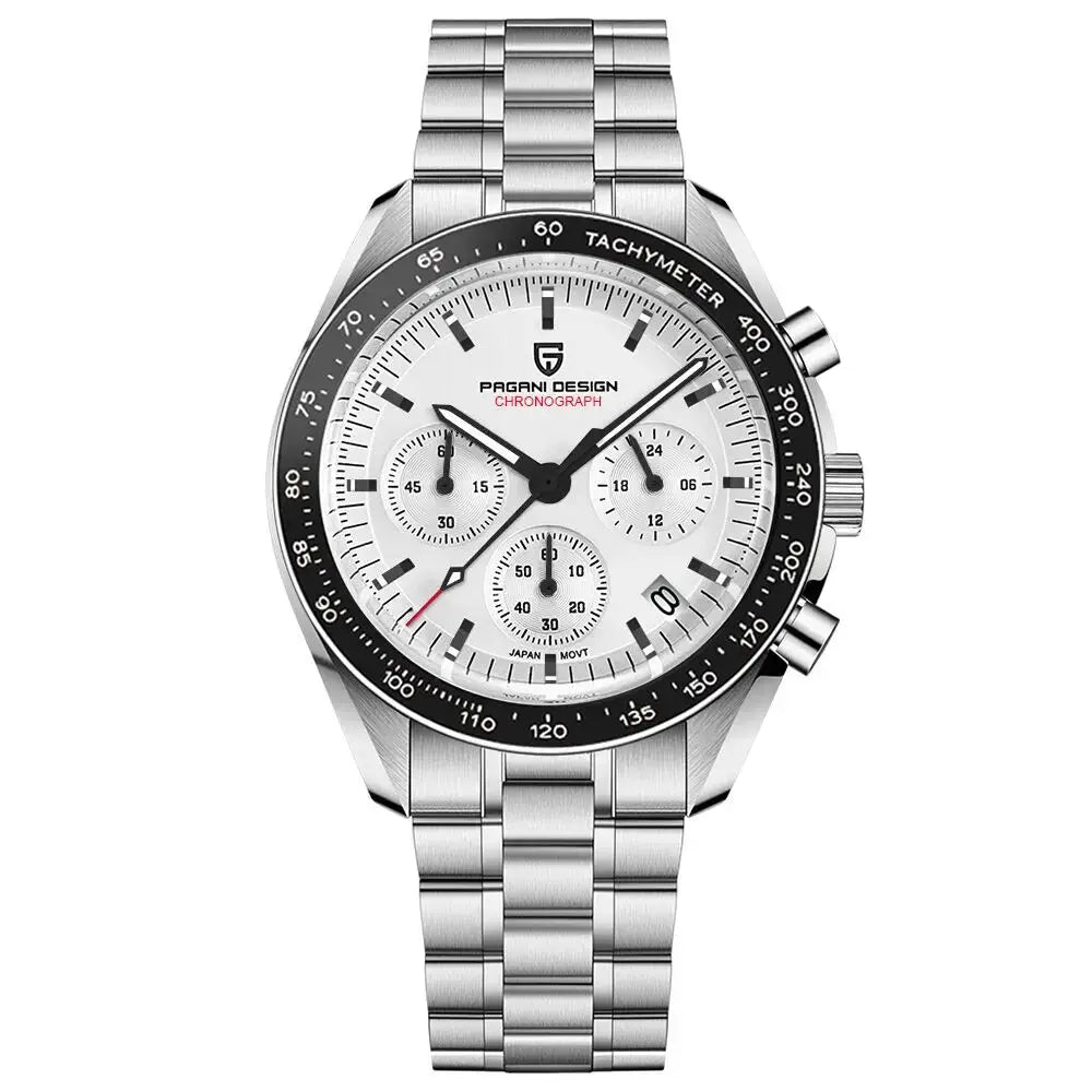 Pagani Design 1701 V5 men's chronograph watch with white dial and stainless steel bracelet, tachymeter bezel