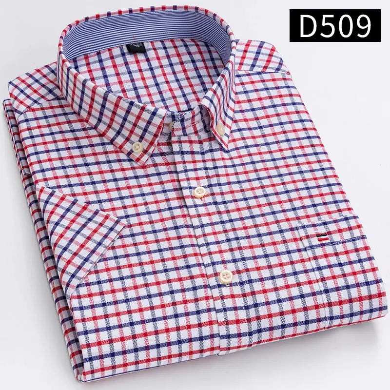 Simples Market men's oxford plaid shirt, 100% cotton, short sleeve, breathable red/blue check