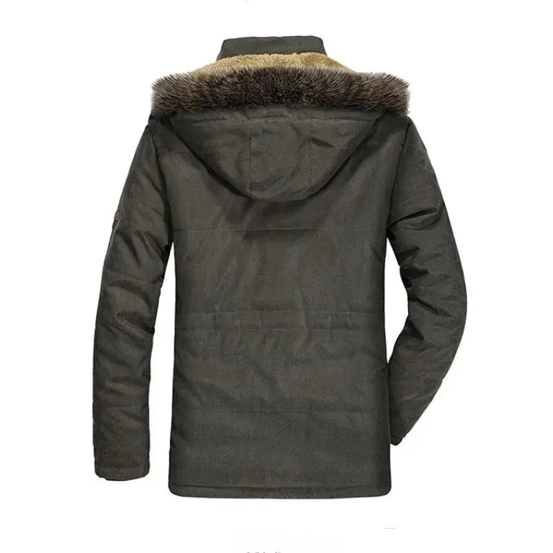 Men's black hooded down parka with fur collar, long winter coat with multiple pockets