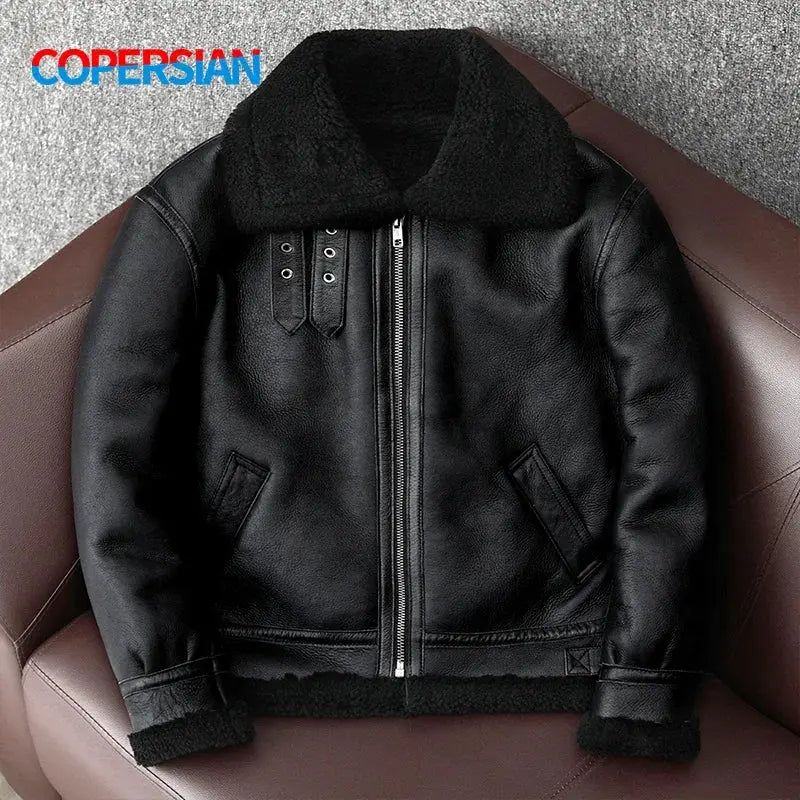 Men's leather shearling jacket with black fur collar and zip front; Copersian logo visible